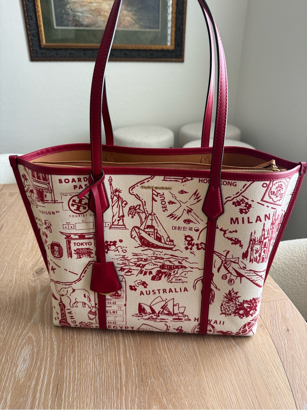 Tory Burch Red and Cream Printed Canvas Tote